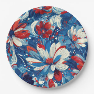 Patriotisches Rot Blau Weiß Floral (8) Pappteller