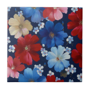Patriotisches Rot Blau Weiß Floral (9) Fliese