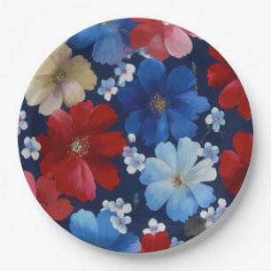 Patriotisches Rot Blau Weiß Floral (9) Pappteller