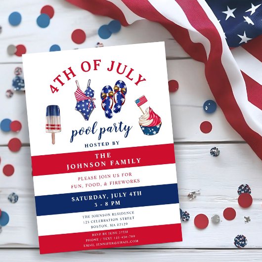 Patriotisches Rot und Blau Juli Pool Party 4. Einladung
