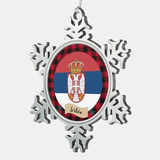 Patriotisches Serbien, kariert roter Büffel, serbi Schneeflocken Zinn-Ornament (Rechts)