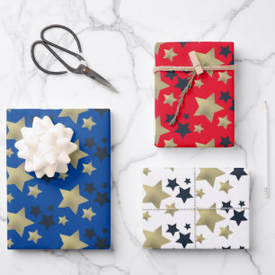 Patriotisches Sterne-Muster mit Folien-Effekt  Geschenkpapier Set