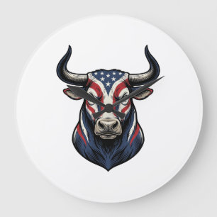 Patriotisches Stierkopf-Vintage-Stichdesign_1 Große Wanduhr