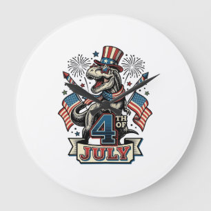 Patriotisches T-Rex 4. Juli Vintage-Shirt-Design_1 Große Wanduhr