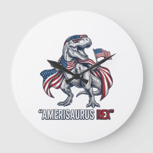 Patriotisches T-Rex Amerisaurus Rex Weißes Shirt D Große Wanduhr
