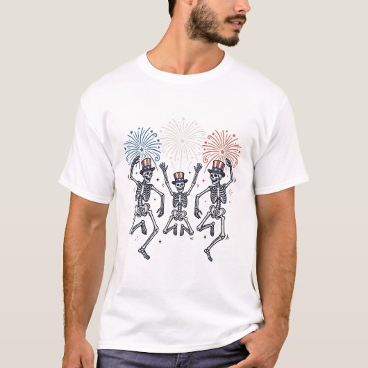 Patriotisches tanzendes Skelett-Feuerwerk Vintage- T-Shirt (Vorderseite)