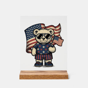Patriotisches Teddybär-Vintage-Stickerei-Shirt-Des Acrylschild