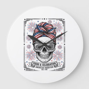 Patriotisches Totenkopf-Feuerwerk Vintage-Stickere Große Wanduhr
