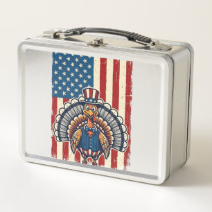 Patriotisches Truthahn-Flagge Vintage-Stickerei-Sh Metall Brotdose