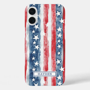 Patriotisches Wasserfarben-Sterne-und-Streifen-Mon iPhone 16 Plus Hülle