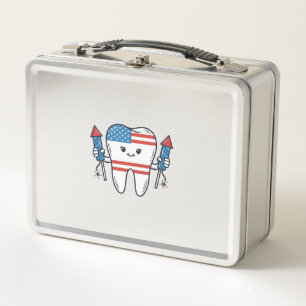 Patriotisches Zahnmaskottchen Feuerwerk Vektor Des Metall Brotdose