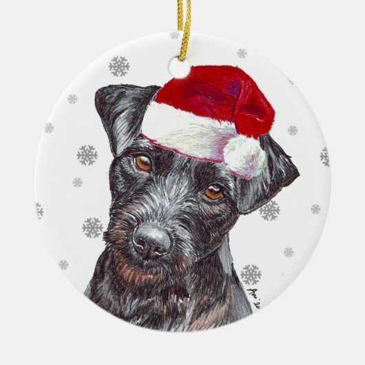 Patterdale Terrier - Weihnachtsmannmütze Christmas Keramik Ornament (Vorne)