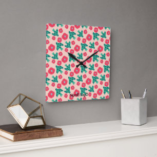 pattern_8_camellia und bird_2 quadratische wanduhr