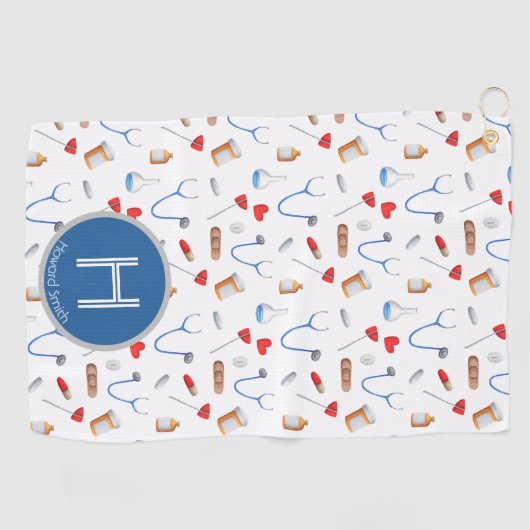 Pattern Blue Monogram Doctor Golfhandtuch (Horizontal)