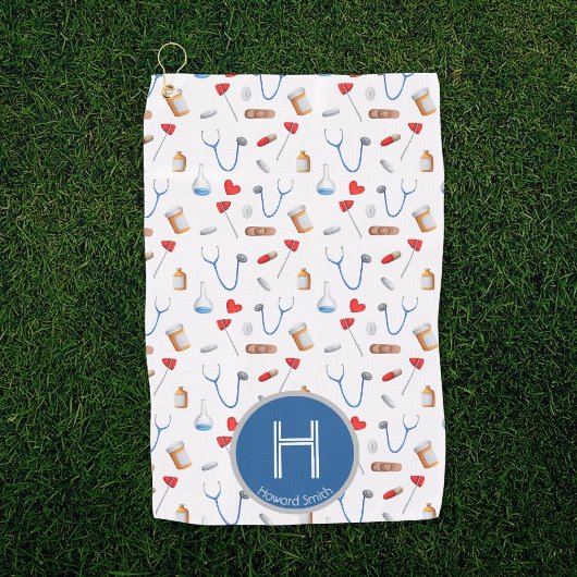 Pattern Blue Monogram Doctor Golfhandtuch