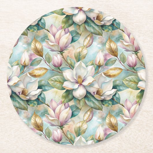 Pattern Elegant Magnolia Flowers Runder Pappuntersetzer (Vorderseite)