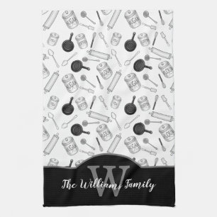 Pattern für Küchenwerkzeuge Monogramm - Schwarz  Geschirrtuch