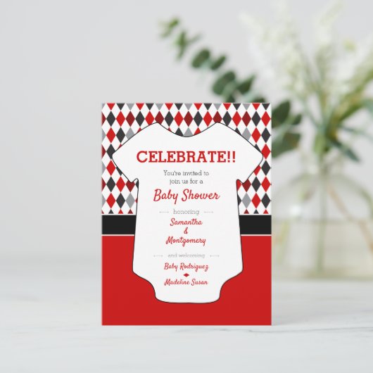 Pattern für rote und schwarze Raute Kinderdusche Postkarte (Stehend Vorderseite)