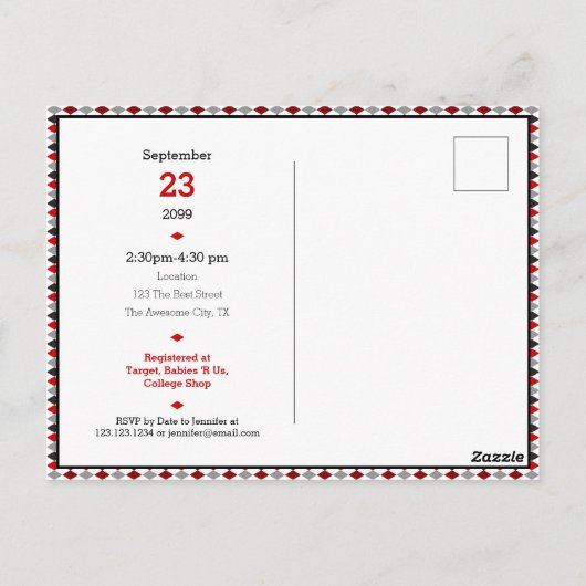 Pattern für rote und schwarze Raute Kinderdusche Postkarte (Rückseite)