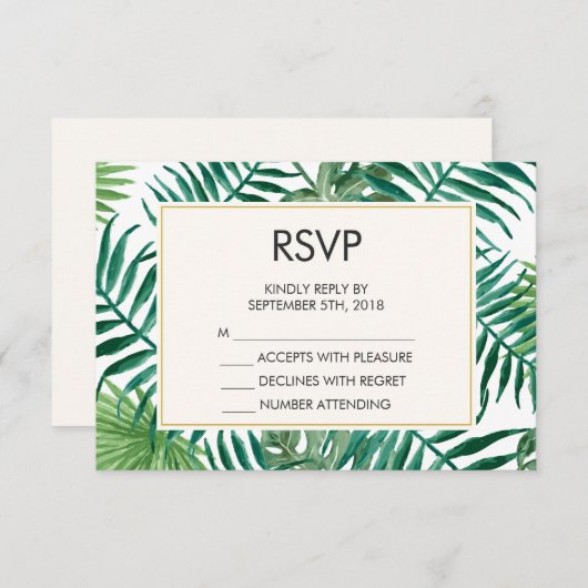 Pattern für tropische Blätter Hochzeitsszenario RSVP Karte (Vorne/Hinten)