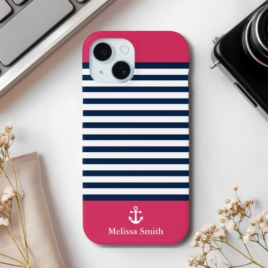 Pattern Navy blue and white bands Red background Case-Mate iPhone Hülle