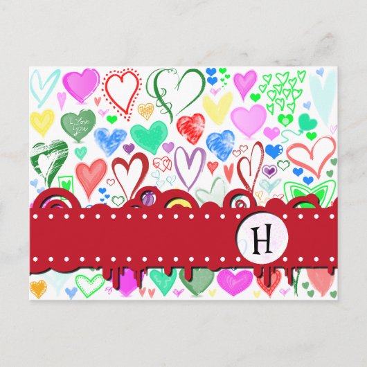 Pattern Of Hearts, Colorful Hearts, Monogram Postkarte (Vorderseite)