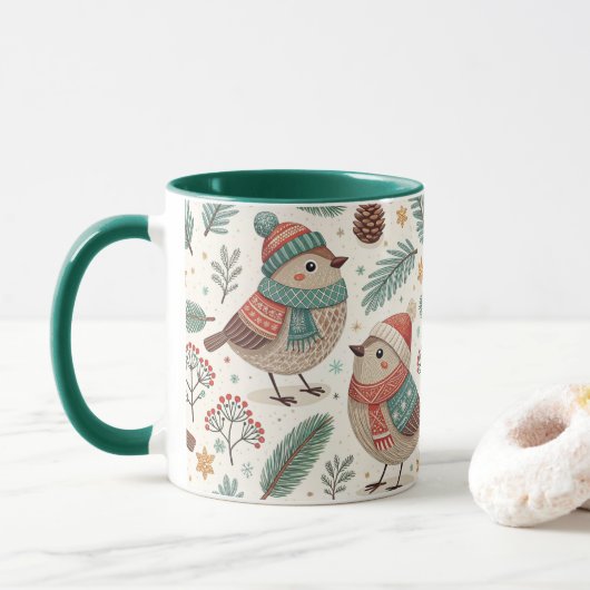 Pattern Scandinavian Christmas Birds Tasse (Mit Donut)