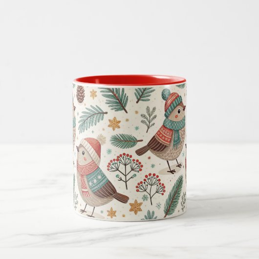 Pattern Scandinavian Christmas Birds Zweifarbige Tasse (Mittel)