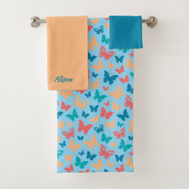 Pattern Schmetterling schlicht beige pink türkis b Badhandtuch Set