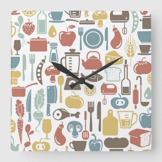 Pattern with cooking icons quadratische wanduhr (Vorderseite)