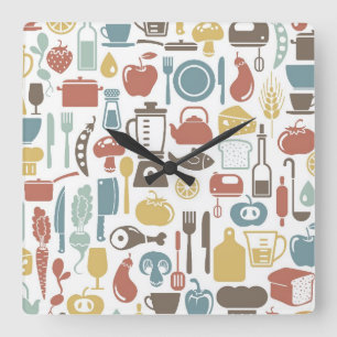 Pattern with cooking icons quadratische wanduhr