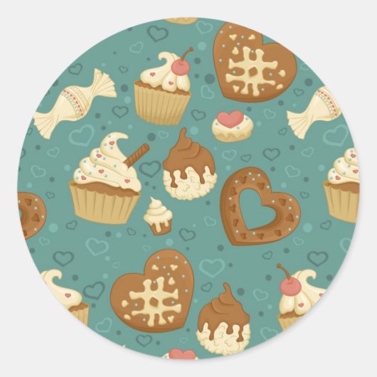 Pattern with cupcakes and candies runder aufkleber (Vorderseite)