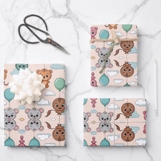 Patterned design featuring colorful cartoon animal geschenkpapier set