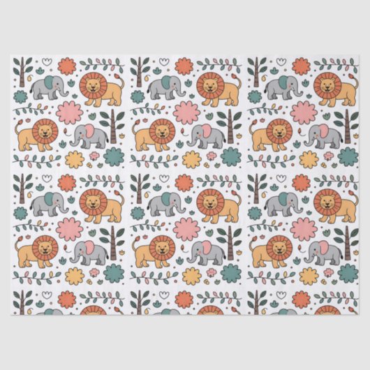 Patterned design with playful lions, elephants seidenpapier (Vorderseite)