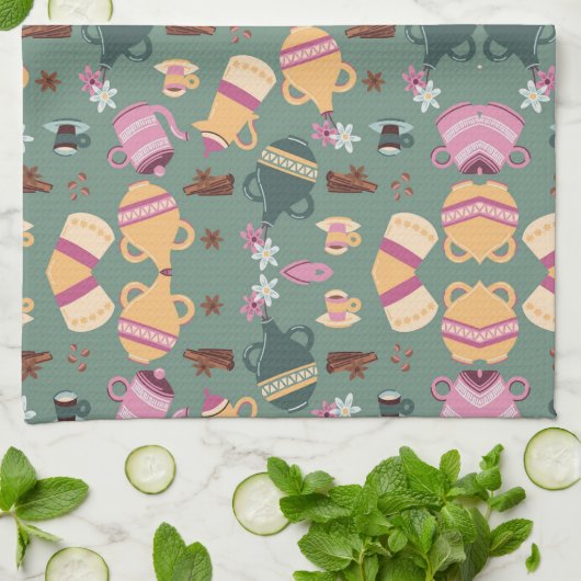 Patterned fabric featuring colorful teapots, cups, geschirrtuch (Gefaltet)