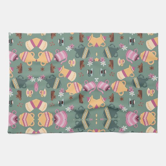 Patterned fabric featuring colorful teapots, cups, geschirrtuch (Horizontal)