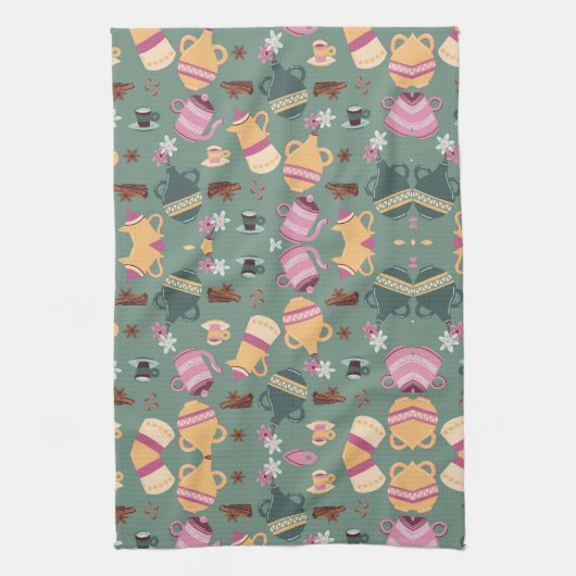 Patterned fabric featuring colorful teapots, cups, geschirrtuch (Vertikal)
