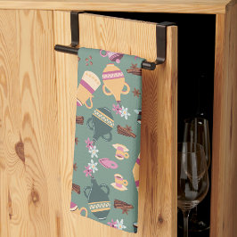 Patterned fabric featuring colorful teapots, cups, geschirrtuch