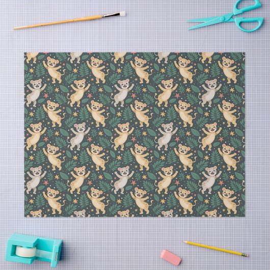 Patterned fabric featuring playful cartoon lion  seidenpapier