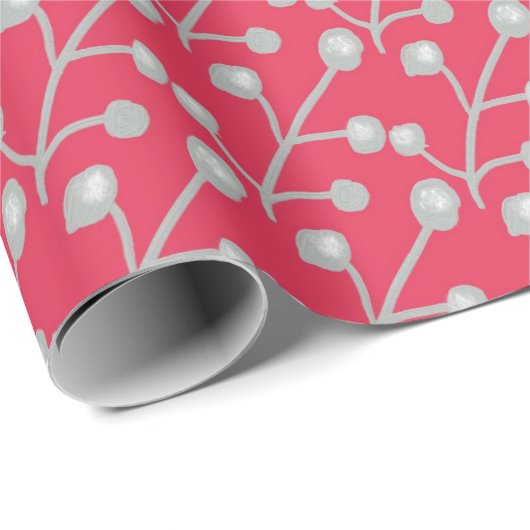 Patterned Silver-Grey Foliage on Bright Pink Red Geschenkpapier (Rolleneckpunkt)