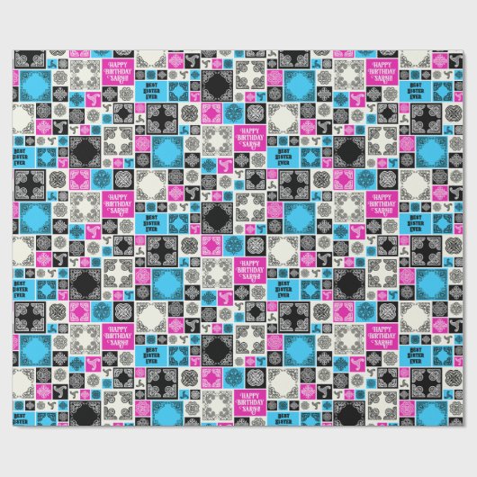 Patterned Tiles Birthday Add The Text Black White Geschenkpapier (Flach)