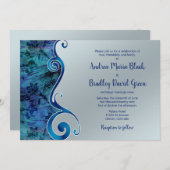 Paua Blue Silver Floral Scroll Hochzeit Einladung (Vorne/Hinten)