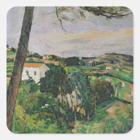 Paul Cezanne | Landschaft mit rotem Dach oder Kief Quadratischer Aufkleber (Vorderseite)