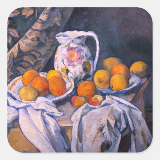 Paul Cezanne - Stillleben mit einem Vorhang Quadratischer Aufkleber (Vorderseite)