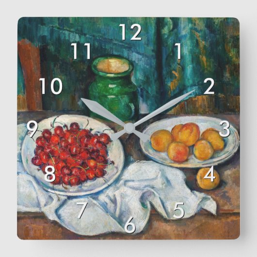 Paul Cezanne - Stillleben mit Kirschen und Peachs Quadratische Wanduhr (Vorderseite)