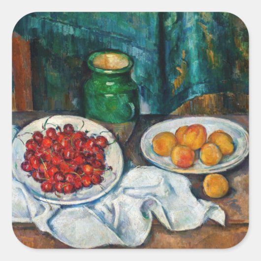 Paul Cezanne - Stillleben mit Kirschen und Peachs Quadratischer Aufkleber (Vorderseite)
