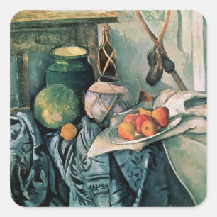 Paul Cezanne   Stillleben mit Pitcher und Aubergi Quadratischer Aufkleber