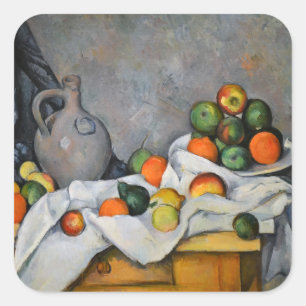 Paul Cezanne - Vorhang, Jug und Fruchtschale Quadratischer Aufkleber