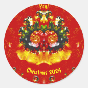 PAUL~ CHRISTMAS Rotes Gelbes Fraktal ~ Runder Aufkleber