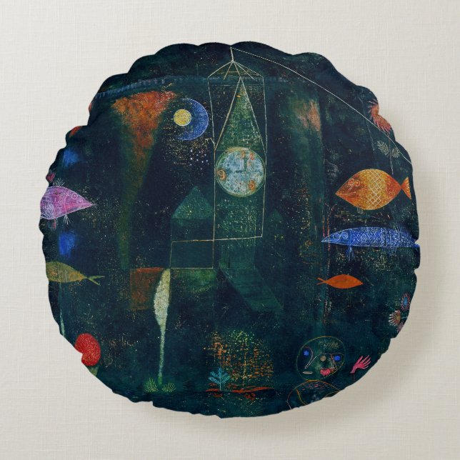 Paul Klee Fish Magic Abstrakte Malerei Grafik Rundes Kissen (Vorderseite)